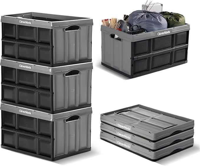 CleverMade Collapsible Storage Bins 62L (3-Pack) – Heavy Duty Collapsible Plastic Storage Bins, Large Stackable Folding Storage Bins for Garage, Car, Grocery & Home Organization - Stone