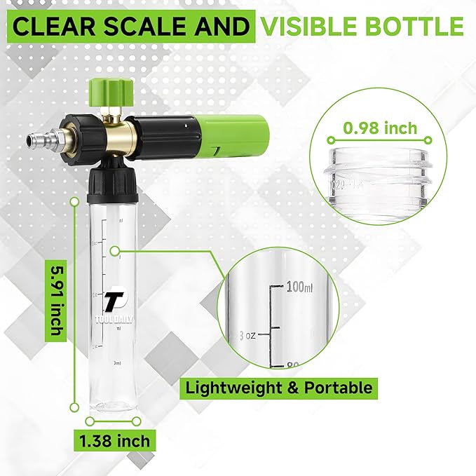 Tool Daily Pressure Washer Short Gun with Mini Foam Cannon, 5 Power Washer Nozzle Tips, 1/4 Inch Quick Connector