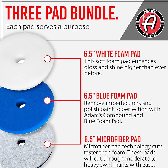 Adam's Polishes Premium Polisher Pads Bundle - Expertly Designed to Make Polishing and Paint Correction Easier and Quicker - Color Coded to Match with Recommended Polishes (6.5" Pads Bundle)
