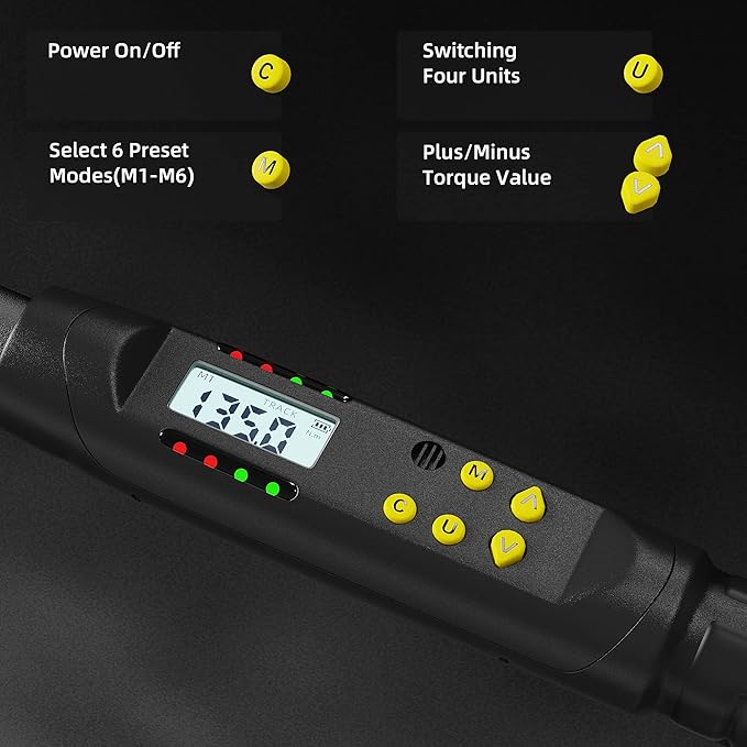 1/2 Inch Drive Digital Torque Wrench, 12.5-250.8 Ft.lb/17-340 Nm Electronic Torque Wrench, ±2% Accuracy with Preset Value, Data Storage, Buzzer and LED Flash Notification for Motorcycle, Car