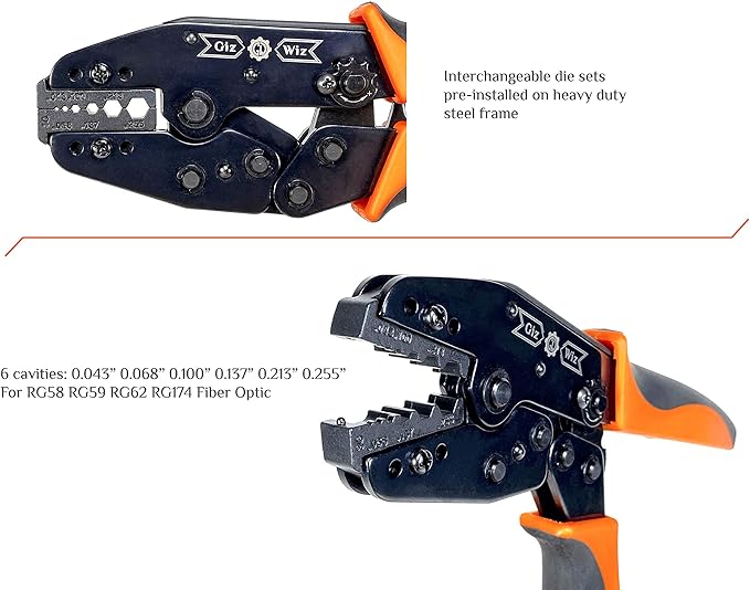 RF Coax Ratchet Crimp Tool RG58 RG59 RG62 RG174 Fiber Optic .043" .068" .100" .137" .213" .255" G-H3G