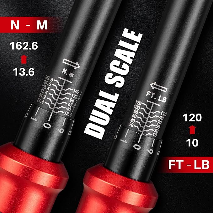 3/8-Inch Drive Click Torque Wrench - 10-120 Ft-Lb/13.6-162.6Nm, Dual-Direction Adjustable 72 Tooth Torque Wrench with Dual Range Scales, High 3% Precision for Bike, Motorcycle and Car Repair