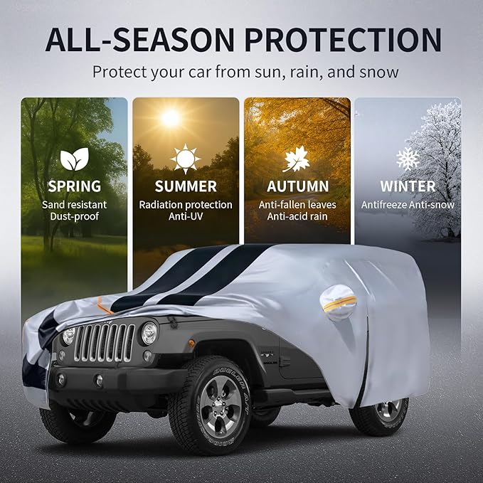 Multi-Layer Car Cover Custom Fit for Jeep Wrangler 2 Door CJ YJ JK JL(1987-2026), 100% Waterproof All Weather for Automobiles, Gift with Towel, Heavy Duty Car Covers for Rain Sun UV Protection.