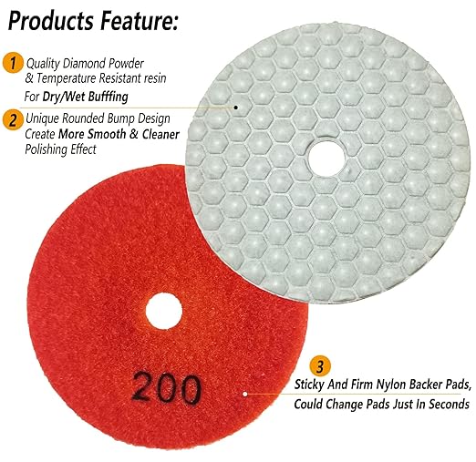 16 Packs Dry Diamond Polishing Pads Grit 200, 4 Inch Dry/Wet Tile Sanding Pad for Bufffing Granite Marble Quartz Concrete Stones Used for Grinder Polisher Drill