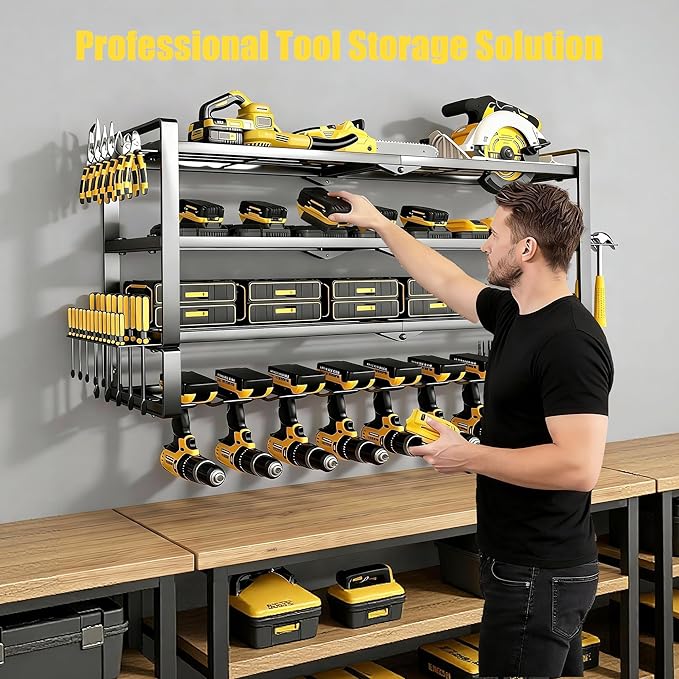 MOOMSINE Large Power Tool Organizer Wall Mount, 4-Tier Heavy Duty Metal Storage Rack Loads 400lbs, Battery Tools Hanger with 8 Cordless Drill Holder for Garage, Workshop, Pegboard, Shed