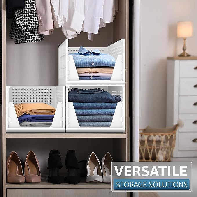 Sorbus 3 Pack Folding Closet Shelf Organizer for Clothes - Versatile Stackable Storage Baskets for Closet, Bathroom, Kitchen and Garage - Easy Access Open Front Design - Plastic Organizer Shelves