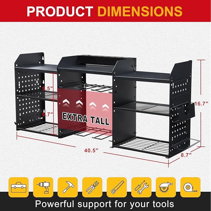 3 layers power tool organizer Loads 150lbs with 6 Cordless Drill Holder and 6 Outlet Power Strip,it’s good choice for husband birthday gift,black