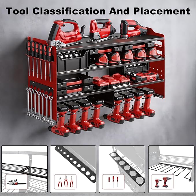oviitech Large Power Tool Organizer Wall Mount, 8 Drill Holder Wall Mount Loads 400lbs, 4 Layer Heavy Duty Metal Power Tool Storage, Red, Utility Rack for Garage Workshop