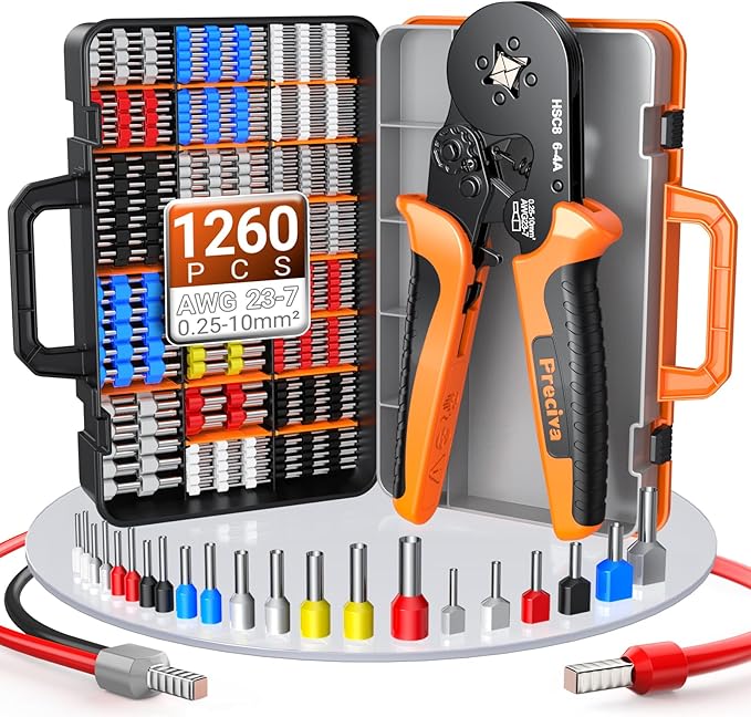 Preciva Ferrule Crimping Tool Kit with Portable Suitcase, Square Crimping Pliers for AWG 23-7 Ratchet Crimper with 1000PCS Single and 260PCS Twin Ferrules Connectors