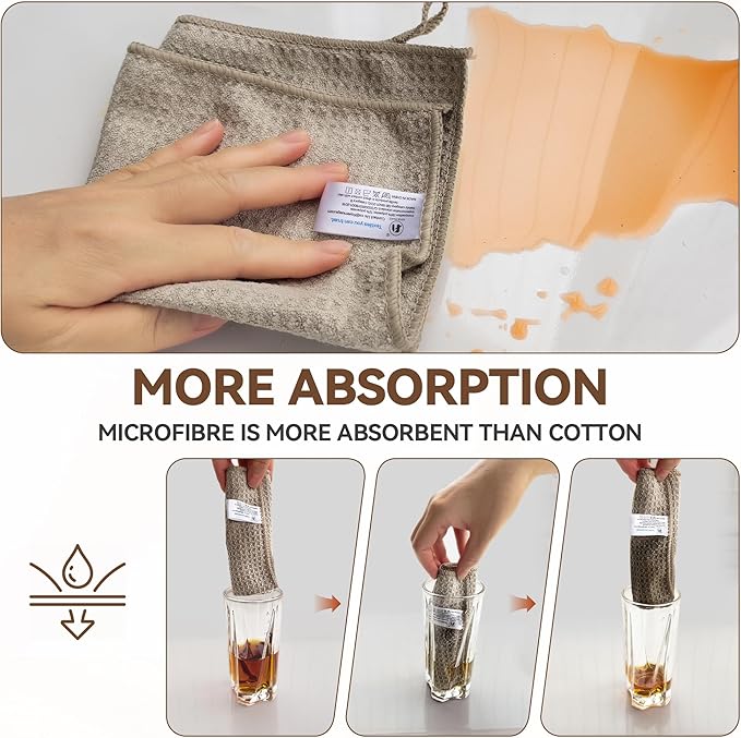 6Pcs Waffle Pattern Microfibre Glass Cleaning Cloth with Lanyard, 340GSM, Lint Free Glass Cloth for Polishing Mirrors Stainless Steel, All-Purpose Microfiber Towels(Khaki, 30 x 30 cm)