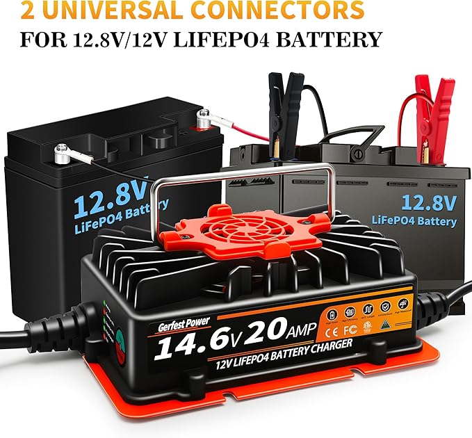 12V 20A LiFePO4 Battery Charger 【Smart, Waterproof, Temperature Control, 2 Universal Connectors】 14.6V Lithium Battery Charger for RV, Marine, Solar, Off-Grid, Home Deep Cycle Battery