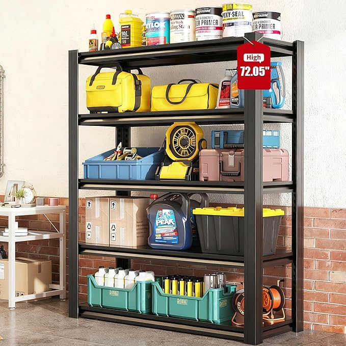 Storage Shelves, 5-Tier Garage Shelving, Adjustable Heavy Duty Shelving Units, Metal Industrial Utility Organizer Storage Racks for Basement, Kitchen, Warehouse, Pantry,16" D×36" W×72" H