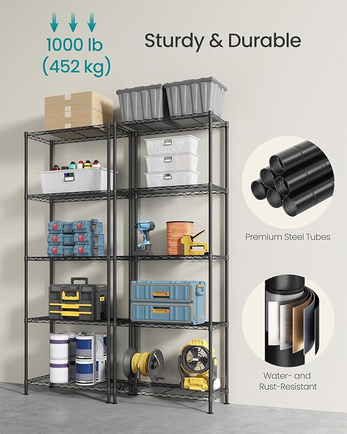 SONGMICS Storage Shelf, Metal Wire Shelving Unit, Adjustable Shelves, for Garage, Bedroom, Living Room, Kitchen, Pantry, 5 Tier, 11.8 x 23.6 x 63.4 Inches, Ink Black ULGR165BH01S