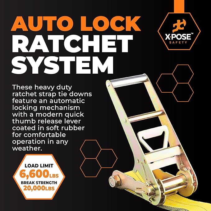 Xpose Safety 1-Pack Retractable Ratchet Straps with Double J Hooks, Heavy Duty 4" x 30', 20,000 lbs Break Strength Tie-Downs for Truck, Trailer, Kayak & Motorcycle