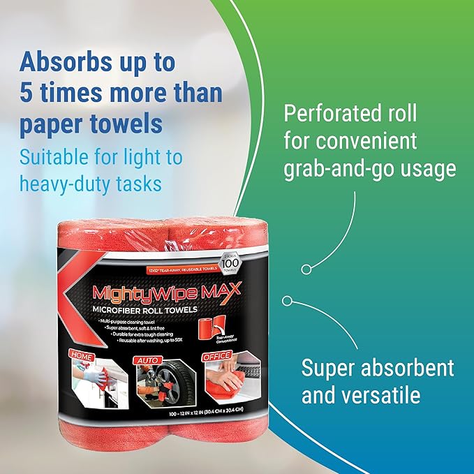 Berk Wiper MIGHTYWIPE Max (50 Microfiber Towels per Roll, 2 Roll) Reusable Microfiber Towel Rolls, Latex-Free and Lint-Free for Effective Wiping, Red