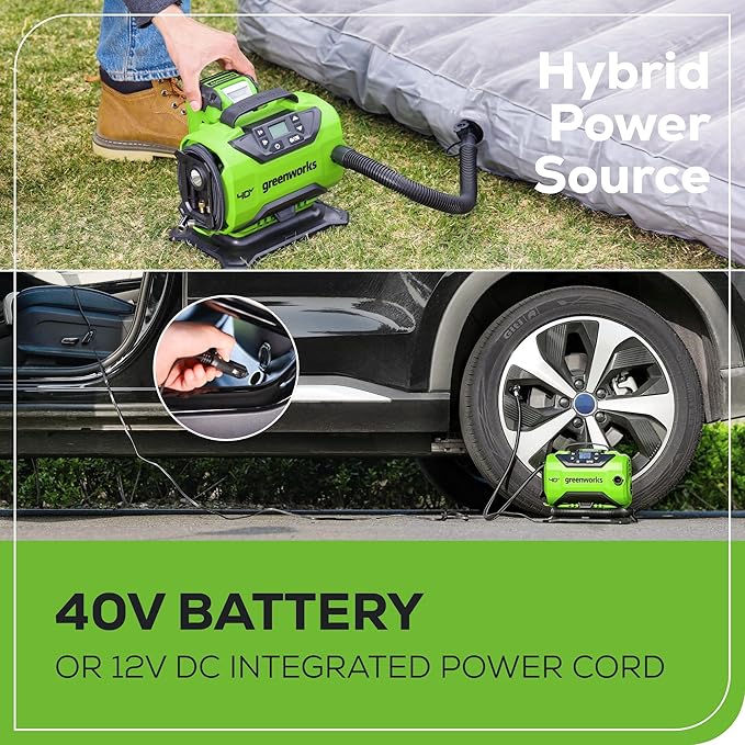 Greenworks 40V Cordless Tire Inflator, 160 PSI Portable Air Compressor, 2 Power Sources, Auto Shut Off, for Car, Bicycle, Motorcycle, Inflatables With 2.0 Ah USB (Power Bank) Battery & Charger