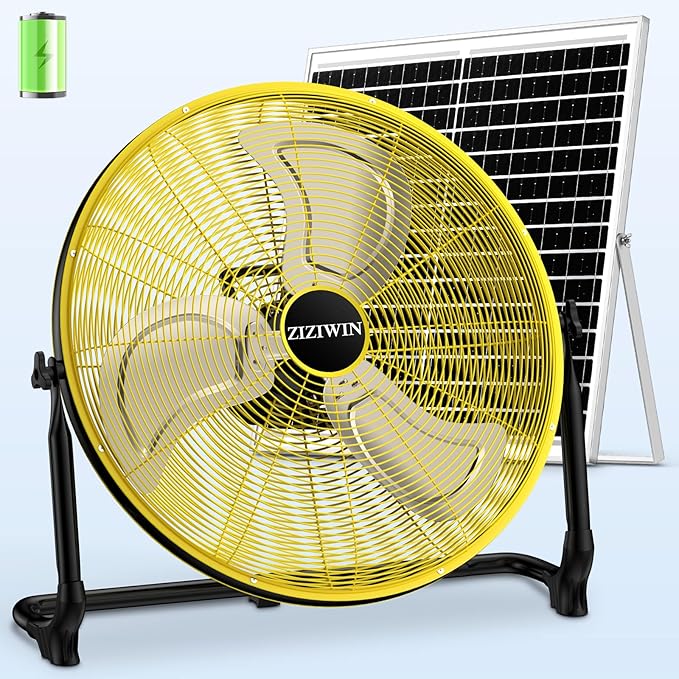 20'' Large Solar Fan, Battery Operated Camping Fan for Outside, Portable Rechargeable Cordless Floor Fan, 360° Tilt, USB Output, Wireless, for Home Garage Outdoor Patio Gazebo Greenhouse RV