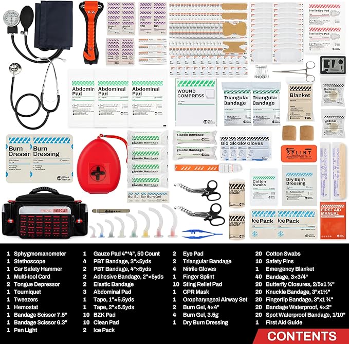 RHINO RESCUE First Responder First Aid Kit Fully-Stocked EMT Bag, Professional EMT/EMS Trauma Medical Kit, Molle System & Reflective Stripe, 300+ First Aid Supplies, Suits for Business, Home (Black)
