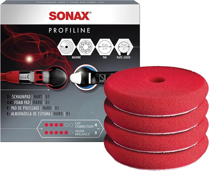 SONAX Red Hard Cutting/Polishing Pad 493100 | Heavy-Duty Foam Pad for Swirl & Scratch Removal | Ideal for Aggressive Paint Correction | for Dual Action & Rotary Polishers | 494200 | 4 Pack, 3-Inch