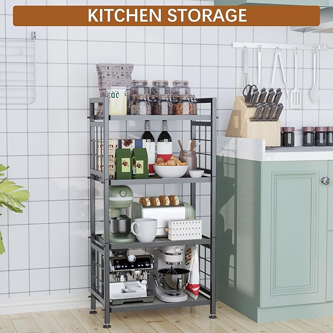 GIOTORENT 4-Tier Pantry Shelves with Wooden Boards, Heavy Duty Storage Shelves & Book Shelf, Adjustable Metal Shelving Unit for Kitchen Bathroom Laundry Organizer, Sturdy Rust-Resistant, Black