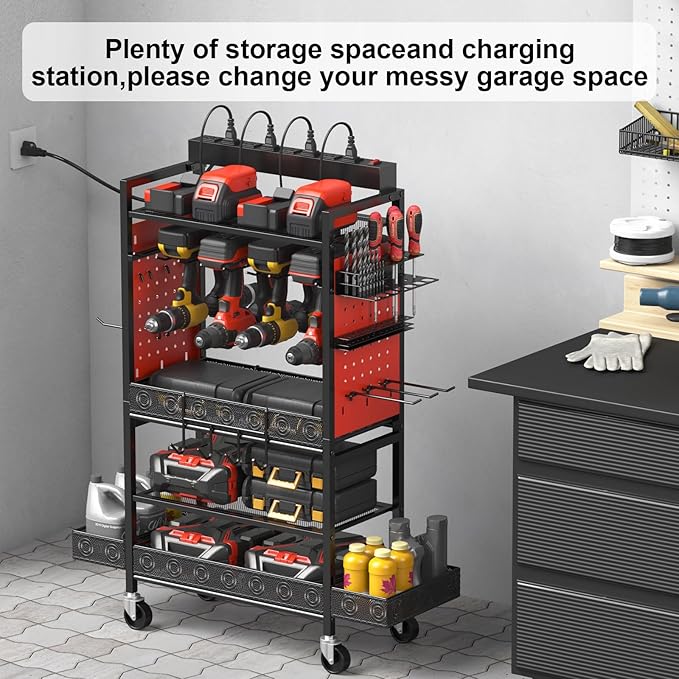 CCCEI Garage Power Tools Organizer Cart with Charging Station, Red Floor Standing Rolling Drill and Tools Battery Storage Cart on Wheels. Utility Rack Gift for Men, Husband, Father.
