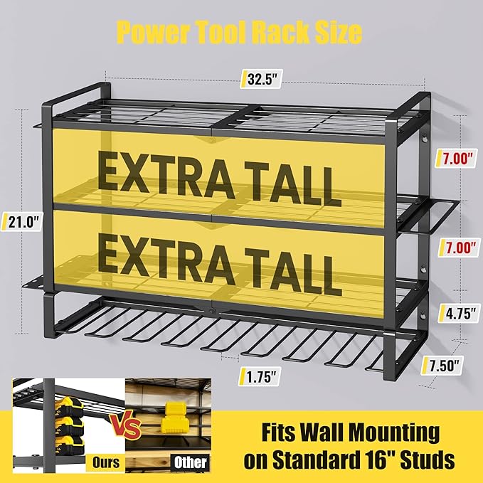 MOOMSINE Large Power Tool Organizer Wall Mount, 4-Tier Heavy Duty Metal Storage Rack Loads 400lbs, Battery Tools Hanger with 8 Cordless Drill Holder for Garage, Workshop, Pegboard, Shed