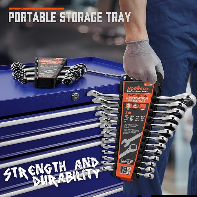 HORUSDY 26-Piece Ratcheting Wrench Set | Metric and SAE | Ratchet Combination Wrenches Set with Organizer | 72-Tooth | Chrome Vanadium Steel | 6-19 mm & 1/4” to 3/4“ (13-Piece Metric&SAE)