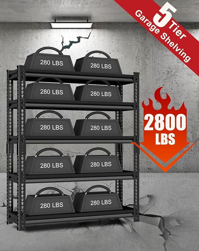 Garage Shelving Heavy Duty, 2800 Lbs Loads Garage Storage Shelves Heavy Duty, 5-Tier Metal Shelving Units and Storage for Basement, Retiple Tanks,48''Wx18 Dx78 H,Black