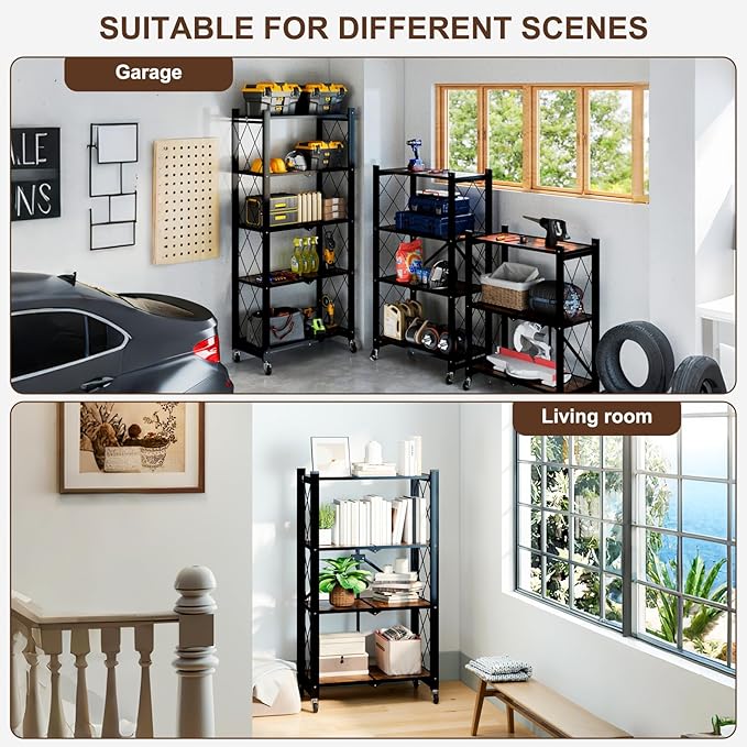 4 Tier Folding Shelf with Wheels, Wood and Metal Bookshelf, no Assembly Foldable Storage Shelves, Vintage Storage Rack for Living Room, Bedroom, and Home Office