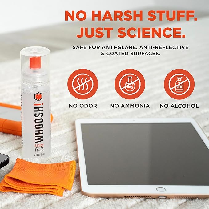 WHOOSH! Screen Shine Go XL - 3.4 fl oz with Microfiber Cloth - Powerful Streak-Free Screen Cleaner Spray and Wipe for MacBook, Laptop, Car, Eyeglasses & Phone - Sleek Bottle for Home, Work or Travel