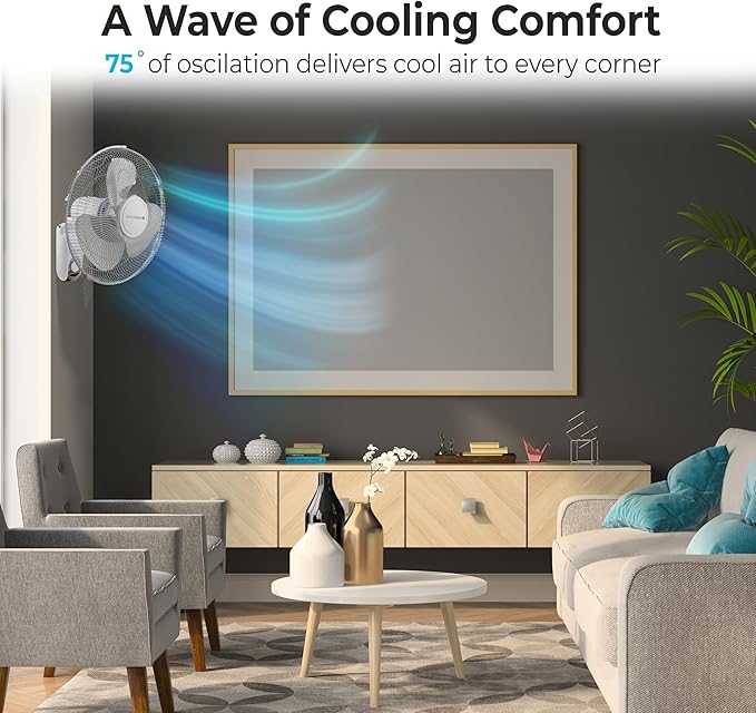 Comfort Zone 16-Inch Wall Mount Fan, Oscillating Indoor Fan with 3 Speed Settings, Adjustable 60° Tilt Head, Quiet Motor, Pull-Chain Control, Metal Grille Fan for Home, Office & Greenhouse