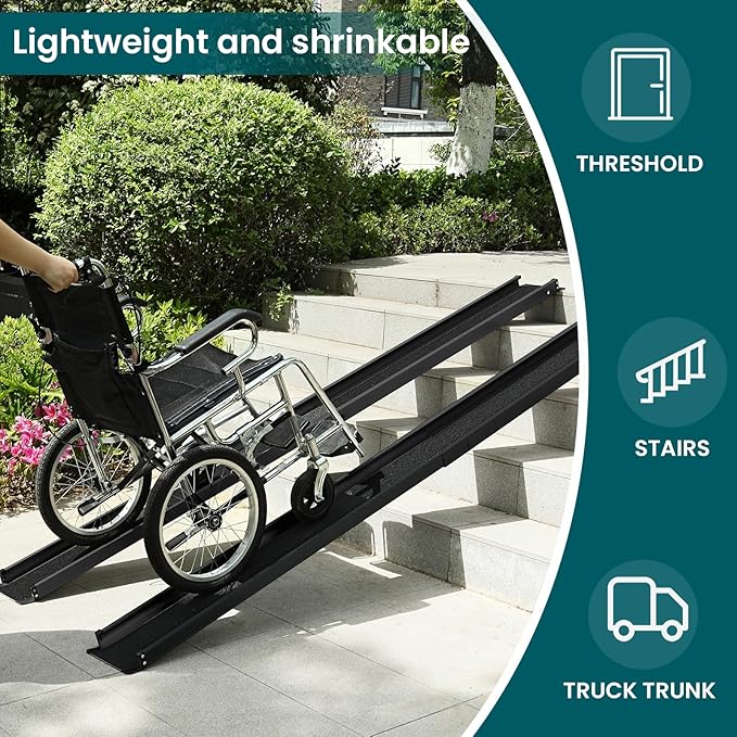 Wheelchair ramp 8FT, Lightweight, Retractable and Portable, can be Used for Wheelchair ramps, Comes with a Handbag-Black