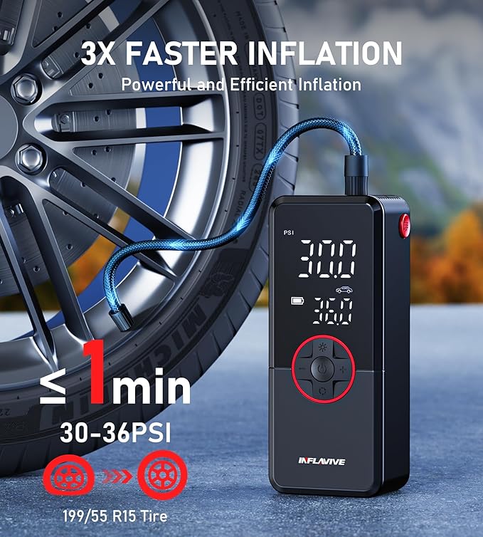 Tire Inflator Portable Air Compressor, 3X Fast Inflate Cordless Air Pump for Car Tires with LED Light, 150PSI Portable Electric Pump with Digital Pressure Gauge, for Bike Motorcycle Car Ball