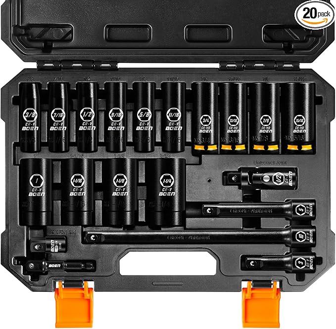 BOEN Pro 20-Piece 1/2" Drive Deep Impact SAE Socket Set, 3/8"-1-1/4", CR-MO & CR-V Steel, Upgraded Torque & Durability, Includes Extensions, Joint, Adapter – Meets ANSI