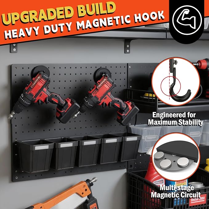 ULIBERMAGNET New Upgraded Garage Magnetic Hooks, 4 Pack Black Heavy Duty Large J Hooks with Magnet, Black Strong Anti-Slip Coating Magnet Hooks for Garden Tools, Ropes,Drill,Metal Cabinet,Pegboard