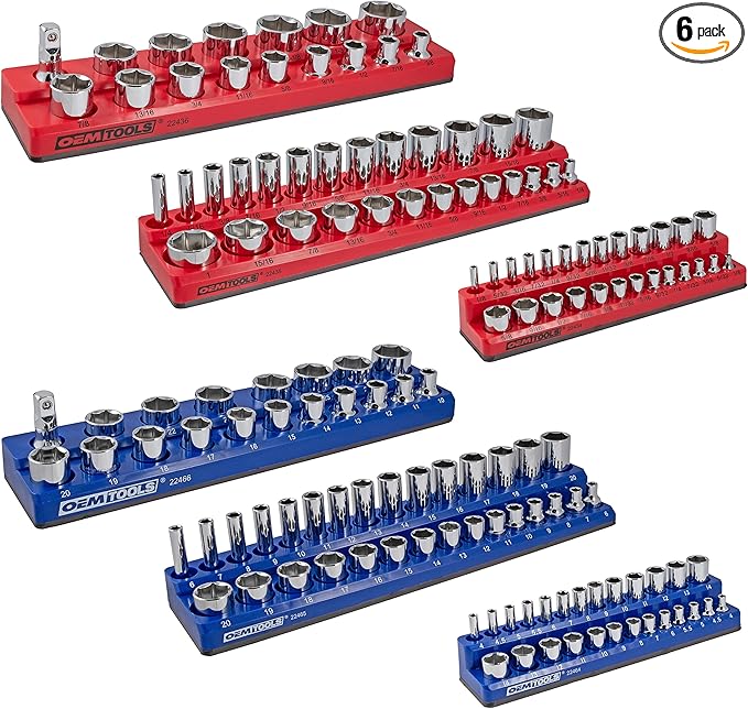 OEMTOOLS 22489 6 Pack Set Metric and SAE Magnetic Socket Organizers, Tool Box Socket Organizer for 1/4, 3/8, and 1/2 Inch Drive Sockets, Red and Blue