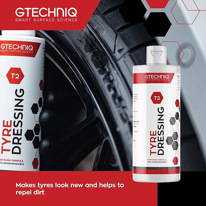 Gtechniq T2 Tire Dressing for Car Tire Shine. 8.5 fl oz | Repels Water, Dirt and Grime, Restores Tire Black Finish, Long Lasting Protection and Shine, Quick and Easy Wipe-On-Wipe-Off Application