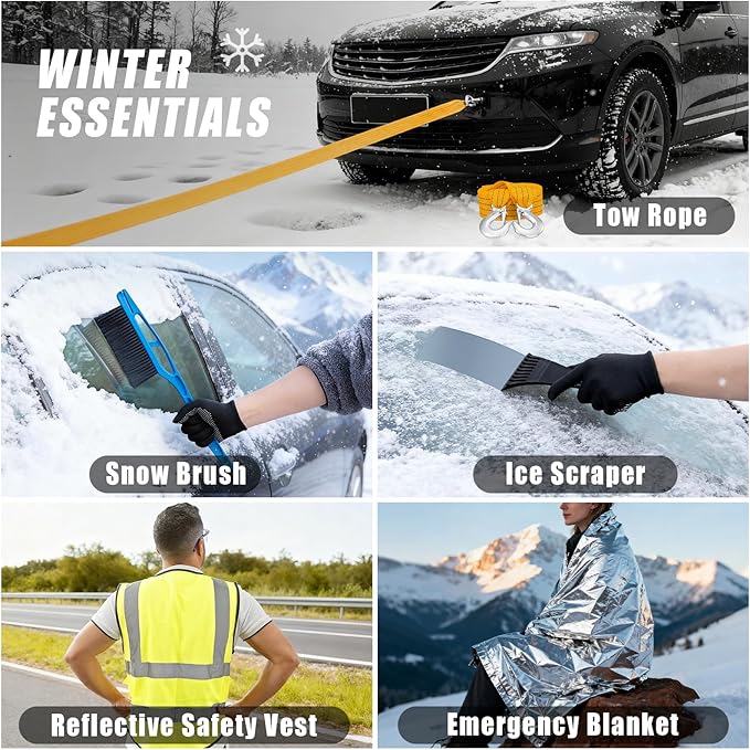 AUTODECO Roadside Emergency Car Kit Winter Road Trip Assistance Vehicle Safety Kit with Air Comperss, Detachable Snow Shovel, Jumper Cables, Tow Strap