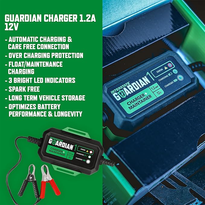 Interstate Batteries 12V Battery Charger and Maintainer (12V, 1.2A) Portable, Automatic, Trickle Charging for Automotive, AGM, Flooded, Gel, Lead-Acid, Powersports (CHGIB12)
