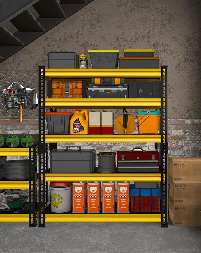 48" W Garage Storage Shelves Heavy Duty, 2800LBS Loads Adjustable Garage Shelving, 5-Tier Metal Shelving Units and Storage Racks, Industrial Utility Shelf,48''Wx18''Dx78''H, Yellow