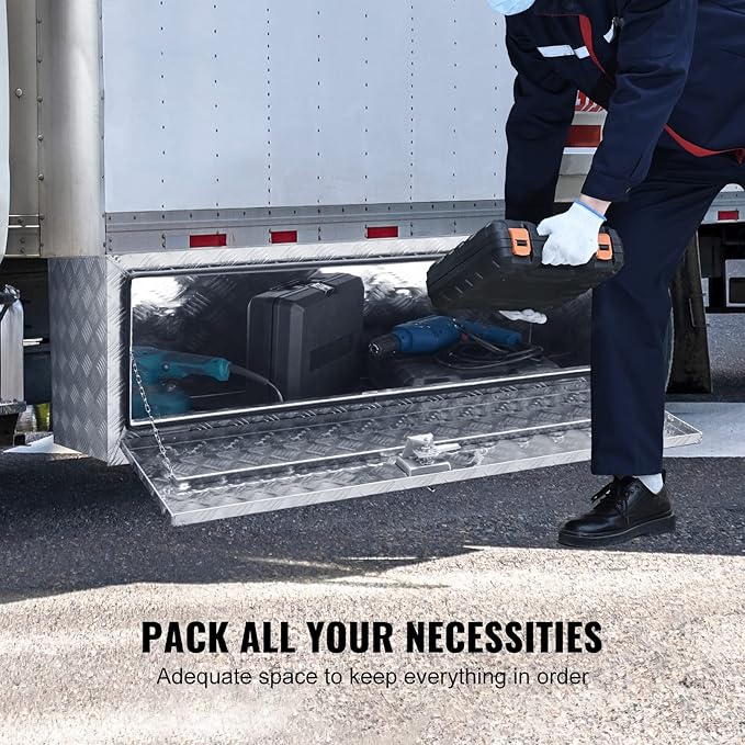 VEVOR Underbody Truck Box, 48"×24"×24" Pickup Storage Box, Heavy Duty Aluminum Diamond Plate Tool Box with Lock and Keys, Waterproof Trailer Storage Box with T-Handle Latch for Truck, Van, Trailer
