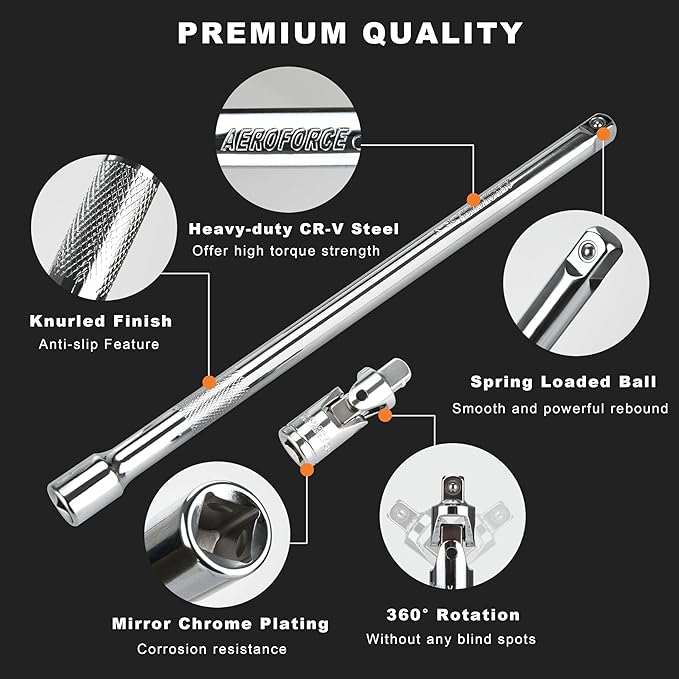 AEROFORCE 14PCS 3/8-Inch Drive Swivel Magnetic Spark Plug Socket Set with 3/8'' Torque Wrench (5-45 Lb.ft/6.8-61.2 Nm), Universal Joint & Extension Bar - Durable CR-V Steel for Easy Spark Plug Removal