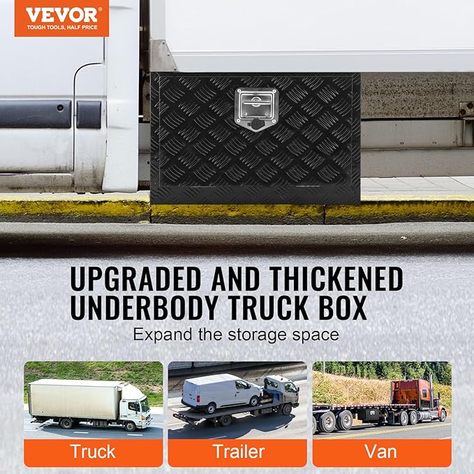 VEVOR Underbody Truck Box, 24" x 14" x 16" Pickup Storage Box, Heavy Duty Aluminum Diamond Plate Tool Box with Lock and Keys, Waterproof Trailer Storage Box with T-Handle Latch for Truck, Van, Trailer