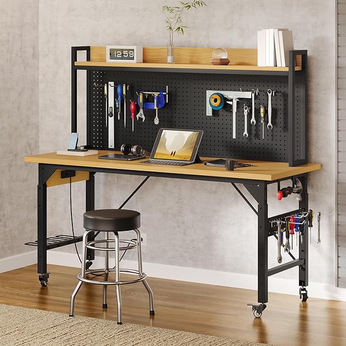 DWVO Adjustable Workbench with Pegboard 48", Heavy Duty Wood Top Work Bench with Wheels, 1600 LBS Load Capacity, Rolling Work Table with AC/USB Outlet, Hooks, Rack for Garage, Workshop, Office, Home