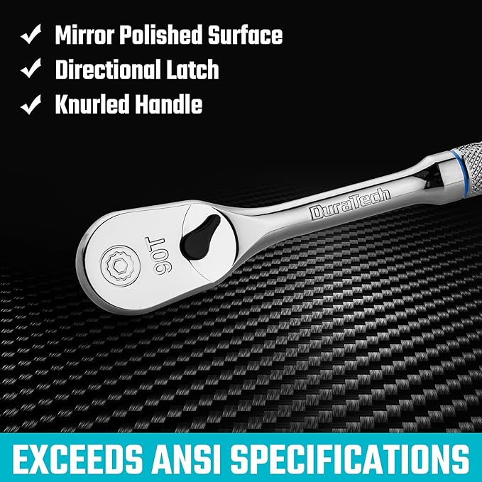 DURATECH 3/8" Drive Ratchet, Dirt Resistance 90-Tooth Ratchet Wrench, Chrome Alloy Made, Fully Polished