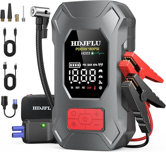 7500A Jump Starter with 180PSI Air Compressor, 24000mAh Car Battery Jump Starter(All Gas/10.0L Diesel), 65W Fast Charge, 10-in-1 Portable Auto Tire Inflator, Cigarette Lighter, Jumper Cable, LED Light