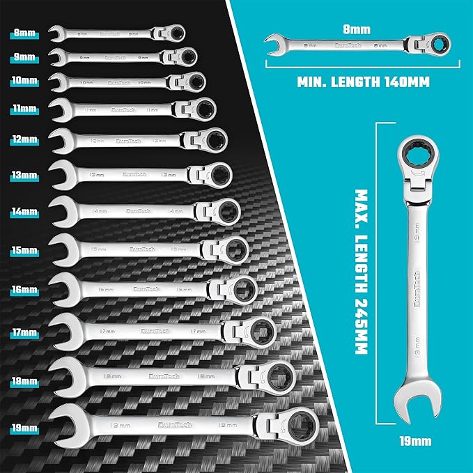 DURATECH 12-Piece Flex-Head Ratcheting Combination Wrench Set, 72-Tooth, Metric, 8-19 mm, Cr-v Steel, Organized in Storage Case