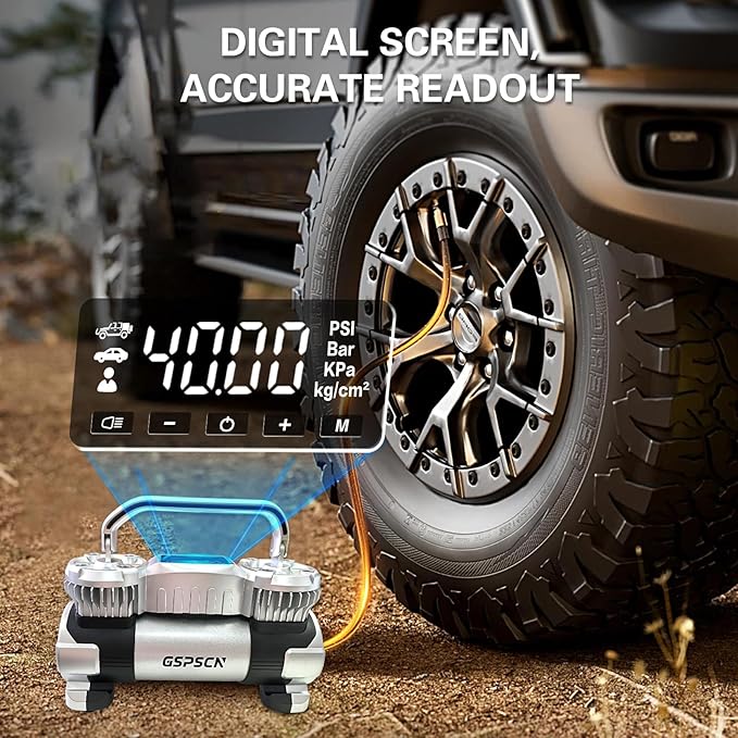 GSPSCN 6X Faster Inflation Digital Dual Cylinder Portable Air Compressor,12V Metal Tire Inflator w/Adapter & Pencil Pressure Gauge 150PSI LED Light丨Heavy Duty Air Pump for Car,Truck,SUV,ORV,RV,Balls