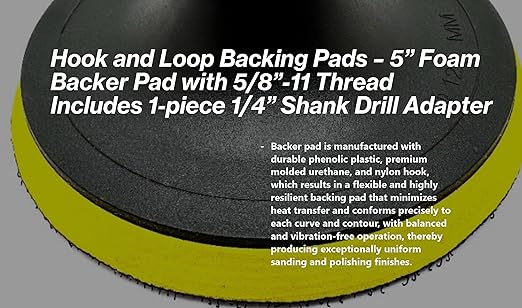 1 Pack 5" Hook and Loop Backing Pads Foam Backer Pad with 5/8”-11 – 5 inch Backup Pads for use with Angle Grinder or Drill Sanding Polishing Discs – Includes 1 Each 1/4" Shank Adapter