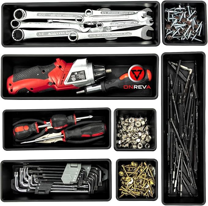 ONREVA Tool Box Organizer Tray Divider Set, Extra Large Toolbox Trays, Tool Box Organizers and Storage Kit, Rolling Tool Chest Drawer Bins, Hardware Screwdrivers Pliers Organization, 6pcs